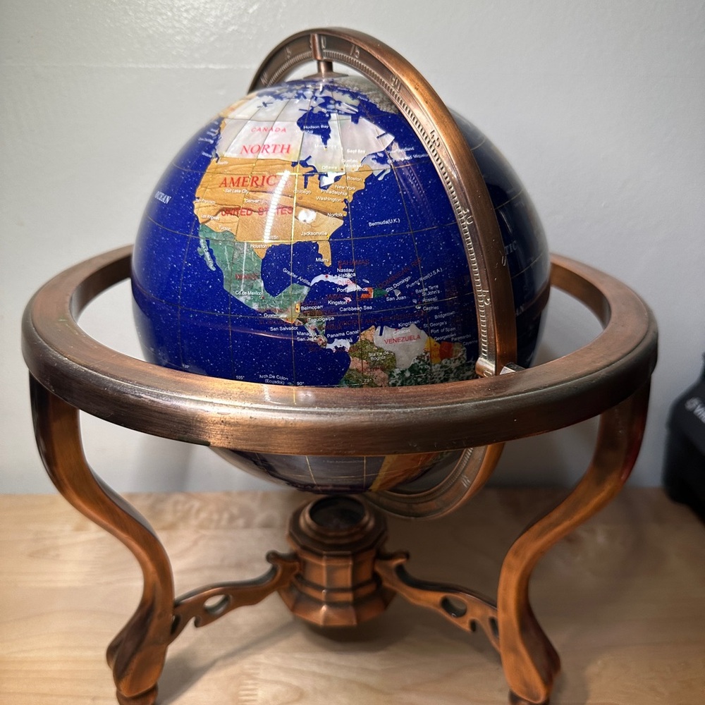 10” Gemstone Inlay World Globe Bronze Armillary Stand Kalifano Style